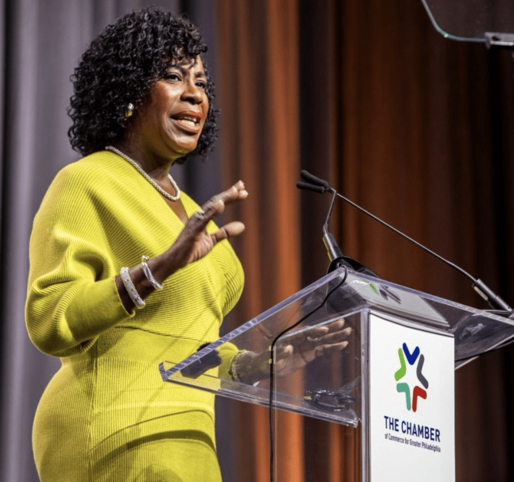 Mayor Cherelle L. Parker speaking at podium.